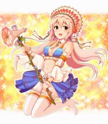 Rule 34 | 10s, 1girl, :d, bare shoulders, bikini, bikini top only, blush, breasts, brown eyes, cleavage, collarbone, detached sleeves, feathers, frills, hair ornament, hat, high heels, idolmaster, idolmaster cinderella girls, jewelry, long hair, looking at viewer, megaphone, moyachiki, navel, open mouth, pendant, pink hair, saionji kotoka, shoes, skirt, small breasts, smile, solo, swimsuit, tareme, thighhighs, wand, white thighhighs, wide sleeves