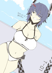 Rule 34 | 1girl, absurdres, artist name, bikini, breasts, cleavage, collarbone, dated, eyepatch, flat color, headgear, highres, holding, holding surfboard, kantai collection, large breasts, looking at viewer, midriff, navel, official alternate costume, outdoors, purple hair, short hair, sky, solo, surfboard, swimsuit, taira yuuki, tenryuu (kancolle), yellow eyes
