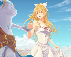 Rule 34 | 2girls, belt, blue sky, blush, breasts, brown hair, cleavage, cloud, day, dress, dress grab, granblue fantasy, hair between eyes, highres, katalina (granblue fantasy), long hair, medium breasts, miso-ha (ukyuu), multiple belts, multiple girls, outstretched arms, outstretched hand, ponytail, ribbon, sky, smile, solo focus, strapless, strapless dress, vira (granblue fantasy), white dress, white ribbon, yuri