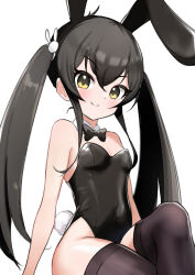 Rule 34 | 1girl, absurdres, animal ears, arm support, bare shoulders, black bow, black bowtie, black hair, black leotard, black thighhighs, blush, bow, bowtie, breasts, child, commentary, covered navel, crossed legs, detached collar, eyelashes, fake animal ears, fake tail, hair between eyes, hair ornament, highres, idolmaster, idolmaster cinderella girls, leotard, long hair, looking at viewer, matoba risa, rabbit ears, rabbit hair ornament, rabbit tail, sidelocks, sitting, small breasts, smile, solo, tail, thighhighs, thighs, twintails, v-shaped eyebrows, vlsantuxdc7jqm3, yellow eyes