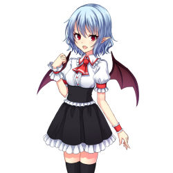 Rule 34 | 1girl, alternate costume, armband, bat wings, black skirt, black thighhighs, blue hair, blush, breasts, collar, corset, fang, frilled collar, frilled shirt collar, frilled skirt, frills, hand up, junior27016, miniskirt, no headwear, no headwear, open mouth, pointy ears, red eyes, remilia scarlet, shirt, short sleeves, skirt, small breasts, solo, thighhighs, touhou, underbust, white shirt, wings, wrist cuffs, zettai ryouiki