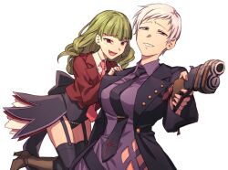 2girls aiming arm_strap black_bow black_jacket black_necktie black_thighhighs boots bow brown_footwear clothing_cutout collared_shirt fang garter_straps green_hair grey_eyes grey_hair gun hand_on_another&#039;s_shoulder highres holding holding_gun holding_weapon hswoimuxk0pwr0h_(bbdan) jacket leviathan_(umineko) long_hair multiple_girls necktie open_clothes open_jacket purple_shirt red_eyes red_jacket red_necktie shirt short_hair simple_background smirk teeth thighhighs tie_clip umineko_no_naku_koro_ni ushiromiya_kyrie weapon white_background white_shirt