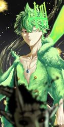 Rule 34 | 2boys, black clover, cape, demon, demon horns, fairy wings, fur-trimmed cape, fur trim, green eyes, green hair, green halo, halo, heterochromia, highres, horns, jewelry, kisany, looking at another, multiple boys, pendant, red eyes, star (symbol), torn clothes, wind, wings, yellow eyes, yuno (black clover), zenon zogratis