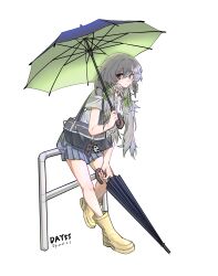 Rule 34 | 1girl, absurdres, alternate costume, arknights, bag, black umbrella, blue skirt, boots, bow, commentary request, dated, duffel bag, feathered wings, feathers, gaoling gangqin, green bow, green umbrella, hair bow, head wings, highres, holding, holding umbrella, leaning, long hair, looking at viewer, mulberry (arknights), pleated skirt, shirt, simple background, skirt, smile, solo, two-tone umbrella, umbrella, very long hair, white background, white feathers, white hair, white shirt, white wings, wings, yellow footwear