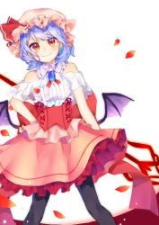 Rule 34 | 1girl, absurdres, aiko ichigocchi, alternate costume, bat wings, black legwear, brooch, corset, dress, feet out of frame, hand on own hip, highres, jewelry, light purple hair, looking at viewer, petals, red eyes, remilia scarlet, short hair, simple background, smile, solo, spear the gungnir, strapless, strapless dress, touhou, wings