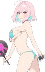 Rule 34 | 1girl, ahoge, aqua bikini, aqua hair, armpit crease, bare arms, bare shoulders, bikini, bob cut, breasts, cellphone, choker, colored inner hair, dot nose, fang, from side, groin, hair intakes, hand fan, highres, holding, holding fan, holding phone, idolmaster, idolmaster cinderella girls, idolmaster cinderella girls starlight stage, large breasts, light blush, looking at viewer, multicolored hair, navel, nekoshoko, open mouth, paper fan, phone, pink choker, pink eyes, pink hair, simple background, smartphone, solo, stomach, swimsuit, thighs, two-tone hair, uchiwa, white background, yumemi riamu