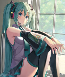 Rule 34 | 1girl, banned artist, bare shoulders, black skirt, black sleeves, black thighhighs, blush, closed mouth, collared shirt, commentary request, day, detached sleeves, feet out of frame, green eyes, green hair, green necktie, grey shirt, hatsune miku, headphones, headset, highres, indoors, knees up, long hair, long sleeves, necktie, pleated skirt, shirt, sitting, sitting in window, skirt, sleeveless, sleeveless shirt, solo, thighhighs, tie clip, tree, twintails, very long hair, vocaloid, wide sleeves, window, yuuka nonoko