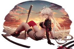 Rule 34 | 1girl, :d, absurdres, ahoge, arm support, arms behind back, asymmetrical legwear, beach, bikini, black bikini, black jacket, blush, breasts, brown eyes, buckle, cloud, cloudy sky, commentary request, cropped jacket, crossed ankles, dusk, fate/grand order, fate (series), full body, gloves, godoju, hair between eyes, high collar, high heels, highres, horizon, jacket, jeanne d&#039;arc alter (swimsuit berserker) (fate), jeanne d&#039;arc (fate), jeanne d&#039;arc alter (fate), jeanne d&#039;arc alter (swimsuit berserker) (fate), katana, large breasts, leaning back, long hair, looking at viewer, looking to the side, o-ring, o-ring bikini, o-ring bottom, ocean, open mouth, planted, planted sword, planted weapon, reclining, red thighhighs, revision, sand, sheath, shrug (clothing), silver hair, single thighhigh, sitting, sky, smile, solo, sunset, swimsuit, sword, thigh strap, thighhighs, uneven legwear, unsheathed, v-shaped eyebrows, very long hair, water, weapon, white background, yellow eyes