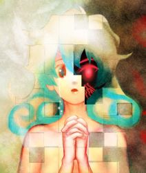 Rule 34 | 00s, 1girl, antispiral nia, bare shoulders, black sclera, blonde hair, blue hair, circuit board, colored sclera, crying, dark persona, digital dissolve, double exposure, dual persona, glowing, glowing eye, glowing eyes, heterochromia, highres, interlocked fingers, multicolored hair, multiple persona, nia teppelin, nude, open mouth, own hands clasped, own hands together, red eyes, scared, solo, symbol-shaped pupils, tears, tengen toppa gurren lagann, two-tone hair
