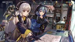 Rule 34 | 2girls, absurdres, arknights, black gloves, blue eyes, blue hair, blue jacket, copyright name, csyday, glaucus (arknights), gloves, highres, jacket, multiple girls, official art, open mouth, pencil, red eyes, silver hair, tablet pc, thinking, weedy (arknights), white hair