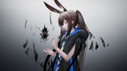 Rule 34 | 1girl, alternate costume, amiya (arknights), animal ears, arknights, bad id, bad twitter id, black jacket, blue eyes, brown hair, commentary, eugle na, extra ears, from side, gradient background, grey background, hands up, highres, jacket, jewelry, long hair, multiple rings, open clothes, open jacket, originium (arknights), originium arts (arknights), ponytail, rabbit ears, ring, sidelocks, simple background, solo
