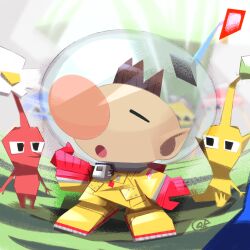 Rule 34 | 1boy, alien, big nose, black eyes, blue pikmin, blue skin, brown hair, bud, clenched hand, closed eyes, colored skin, commentary, flower, gloves, grass, helmet, highres, karasusho, male focus, nintendo, no mouth, olimar, onion (pikmin), open mouth, outdoors, patch, pikmin (creature), pikmin (series), pointy ears, pointy nose, radio antenna, red gloves, red light, red pikmin, red skin, shadow, short hair, signature, sitting, space helmet, spacesuit, very short hair, whistle, white flower, yellow pikmin, yellow skin