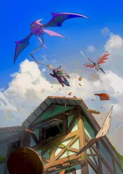 Rule 34 | alternate color, building, clenched teeth, cloud, coin, colored sclera, creatures (company), crobat, day, flying, game freak, gen 2 pokemon, highres, nintendo, no humans, outdoors, pokemon, pokemon (creature), red eyes, shiny pokemon, skarmory, sky, teeth, tile roof, two pokemon, umbreon, yellow sclera
