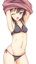 Rule 34 | 1girl, ;d, absurdres, armpits, arms up, azqa, bikini, black bra, black panties, bow, bow bra, bra, breasts, brown hair, commentary request, cowboy shot, groin, highres, kono subarashii sekai ni shukufuku wo!, light blush, looking at viewer, megumin, navel, one eye closed, open mouth, panties, red bow, red eyes, side-tie panties, simple background, small breasts, smile, solo, standing, stomach, swimsuit, thighs, underwear, underwear only, undressing, white background