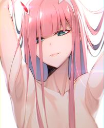 Rule 34 | 10s, 1girl, :3, armpits, blue eyes, blunt bangs, blurry, closed mouth, collarbone, darling in the franxx, depth of field, half-closed eyes, hizuki akira, horns, lips, long hair, md5 mismatch, nude, pink hair, resolution mismatch, simple background, smile, solo, source larger, upper body, white background, zero two (darling in the franxx)