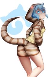 Rule 34 | 1girl, ass, blue eyes, blue hair, fang, fang out, female focus, from behind, from side, glowing, hair between eyes, hands in pockets, highres, hood, hoodie, japari symbol, kemono friends, kneepits, lizard tail, looking back, microskirt, mitsukuni, pencil skirt, short hair, skirt, solo, striped clothes, striped hoodie, striped skirt, tail, tsuchinoko (kemono friends), white background