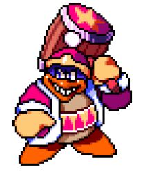 Rule 34 | 1boy, blue eyes, blue fur, commentary, english commentary, full body, fur-trimmed robe, fur trim, furry, furry male, gloves, hammer, hat, holding, holding hammer, king dedede, kirby (series), long sleeves, lowres, megadinkloid, nintendo, open clothes, open robe, over shoulder, pixel art, pom pom (clothes), red hat, red robe, red sash, robe, sash, smile, star (symbol), teeth, transparent background, triangle print, two-tone sash, v-shaped eyes, weapon, weapon over shoulder, yellow gloves, yellow sash