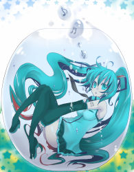 Rule 34 | 1girl, aqua eyes, aqua hair, blue nails, breasts, bubble, detached sleeves, female focus, full body, hatsune miku, highres, hugging own legs, in bubble, knees to chest, legs, long hair, mamemix, musical note, nail polish, necktie, open mouth, skirt, solo, thighhighs, treble clef, twintails, underwater, very long hair, vocaloid, zettai ryouiki