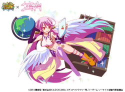 Rule 34 | 1girl, angel wings, asymmetrical legwear, book, bookshelf, breasts, spiked halo, copyright name, crop top, feathered wings, fullbokko heroes, globe, gloves, gradient hair, halo, jibril (no game no life), large breasts, long hair, low wings, magic circle, midriff, mismatched legwear, multicolored eyes, multicolored hair, navel, no game no life, official art, open mouth, orange eyes, pink hair, shoes, sideboob, single shoe, smile, solo, stomach, tablet pc, tattoo, very long hair, white wings, wing ears, wings, yellow eyes