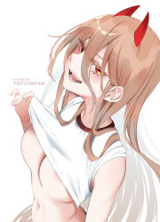 Rule 34 | 1girl, blush, breasts, chainsaw man, cross-shaped pupils, demon horns, highres, horns, light brown hair, long hair, looking at viewer, medium breasts, navel, open mouth, orange eyes, power (chainsaw man), red horns, sharp teeth, smile, solo, symbol-shaped pupils, teeth, tofuubear
