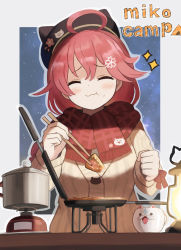 Rule 34 | 1girl, 35p (sakura miko), absurdres, ahoge, animal ear headwear, animal ears, animal hat, black hat, blush, border, buttons, checkered clothes, checkered scarf, chopsticks, closed eyes, closed mouth, cup, eating, fake animal ears, flower, food, food on face, fringe trim, hair between eyes, hair flaps, hair flower, hair ornament, hairclip, hat, highres, holding, holding chopsticks, hololive, kaigaraori, long sleeves, medium hair, mug, night, night sky, oil lamp, pink hair, red scarf, ribbed sweater, sakura miko, sakura miko (casual), scarf, sky, smile, solo, sparkle, star (sky), starry sky, sweater, table, upper body, virtual youtuber, white border, yellow sweater