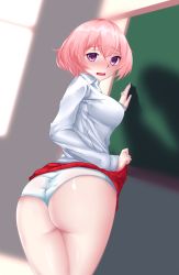 Rule 34 | 1girl, absurdres, ass, blush, breasts, chalkboard, character request, clothes lift, copyright request, donedone, embarrassed, highres, large breasts, looking at viewer, looking back, open mouth, panties, pink hair, purple eyes, school uniform, shiny skin, shirt, short hair, sideboob, skirt, skirt lift, solo, standing, underwear, white panties