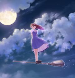 Rule 34 | 1girl, arms behind back, ascot, black footwear, blue dress, brooch, broom, broom riding, brown hair, closed mouth, cloud, cloudy sky, commentary request, dress, flying, full moon, high collar, highres, ikeda jun (mizutamari), jewelry, long hair, looking to the side, medium dress, moon, night, night sky, no socks, original, outdoors, puffy short sleeves, puffy sleeves, red ascot, redrawn, shoes, short sleeves, sky, smile, solo, standing, star (sky), starry sky, wind
