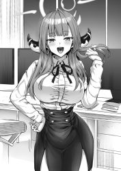 Rule 34 | 1girl, :d, aru (blue archive), blue archive, blush, breasts, greyscale, halo, hand on own hip, highres, horns, kojima saya, long hair, looking at viewer, monitor, monochrome, open mouth, skirt, smile, solo, teeth