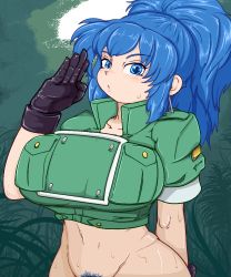 Rule 34 | 1girl, blue hair, blush, breasts, collarbone, crop top, double-breasted, covered erect nipples, female pubic hair, highres, huge breasts, leona heidern, looking at viewer, navel, ponytail, pubic hair, snk, solo, sweat, the king of fighters, the king of fighters xiv, uirou-zazami, upper body