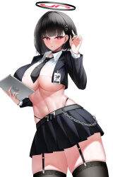 Rule 34 | 1girl, absurdres, black hair, black halo, black jacket, black skirt, black thighhighs, blue archive, blunt bangs, blush, breasts, cropped jacket, cropped shirt, garter straps, hair ornament, hairclip, halo, highleg, highres, jacket, large breasts, looking at viewer, midriff, pleated skirt, red eyes, rio (blue archive), shirt, short hair, skirt, solo, ssb (nit8921), thighhighs, underboob, white shirt