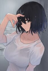 Rule 34 | 1girl, bad link, black hair, breasts, brown eyes, chorefuji, closed mouth, collarbone, commentary request, hair between eyes, hand up, highres, large breasts, original, outdoors, rain, shirt, short hair, short sleeves, solo, t-shirt, upper body, wet, wet clothes, wet shirt, white shirt