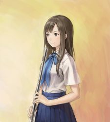 Rule 34 | 1girl, anbe yoshirou, blue skirt, brown eyes, brown hair, closed mouth, collared shirt, flute, highres, holding instrument, instrument, long sleeves, pleated skirt, shirt, shirt tucked in, short sleeves, skirt, smile, solo, tan background, white shirt, wing collar