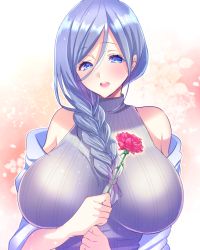 Rule 34 | 1girl, aizawa chihiro, bare shoulders, blue eyes, blue hair, blush, braid, breasts, flower, large breasts, long hair, looking at viewer, mature female, mother&#039;s day, open mouth, original, raised eyebrows, round teeth, sleeveless, sleeveless turtleneck, smile, solo, teeth, turtleneck