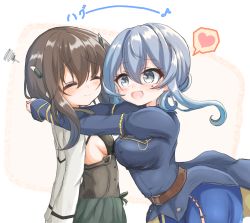Rule 34 | 2girls, :d, asymmetrical docking, belt, blue hair, blush, breast press, breasts, brown hair, closed eyes, facing another, gotland (kancolle), hair between eyes, hair bun, headgear, heart, hug, kantai collection, kasashi (kasasi008), long hair, looking at another, mole, mole under eye, multiple girls, open mouth, pleated skirt, short hair, sideboob, simple background, single hair bun, skirt, small breasts, smile, spoken heart, taihou (kancolle), upper body, white background