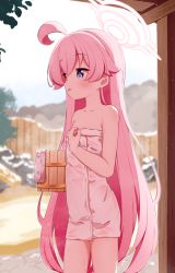 Rule 34 | 1girl, ahoge, blue archive, blue eyes, blurry, blurry background, blush, brown eyes, commentary request, day, depth of field, hair between eyes, halo, heterochromia, highres, hoshino (blue archive), long hair, mountain, naked towel, onsen, outdoors, parted lips, pink hair, setmen, solo, standing, towel, very long hair, water, wet