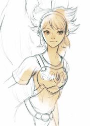 Rule 34 | 1girl, angel wings, armor, breath of fire, breath of fire i, closed mouth, feathered wings, gloves, hairband, highres, kannoaki, leotard, looking at viewer, monochrome, nina (breath of fire i), short hair, simple background, smile, solo, white background, wings