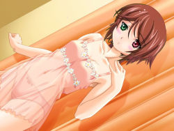 Rule 34 | 00s, 1girl, blush, boku, bow, bow panties, breasts, brown hair, chemise, curtains, dutch angle, flower, game cg, green eyes, heterochromia, lingerie, nightgown, panties, pink panties, red eyes, rozen maiden, see-through, shadow, short hair, small breasts, solo, souseiseki, standing, tajima nao, third-party edit, underwear, underwear only, x-change, yin-yang! x-change alternative