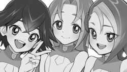 Rule 34 | 3girls, :&gt;, :d, black hair, commentary request, commission, crossed bangs, greyscale, hair intakes, hand up, looking at viewer, mizuki kotori (yu-gi-oh!), monochrome, multicolored hair, multiple girls, open mouth, ribbon, sachi (yu-gi-oh!), sei (yu-gi-oh!), selfie, shirt, short hair, simple background, skeb commission, sleeveless, sleeveless shirt, smile, swept bangs, teeth, two-tone hair, ukokkei, upper teeth only, v, white background, yu-gi-oh!, yu-gi-oh! zexal