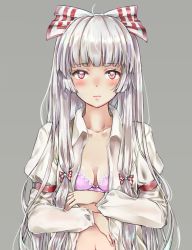 Rule 34 | 1girl, ahoge, arm belt, blunt bangs, blush, bra, breasts, collarbone, expressionless, fujiwara no mokou, grey background, hair ribbon, hands on own chest, highres, lace, lace-trimmed bra, lace trim, lavender bra, long hair, long sleeves, looking at viewer, midriff, navel, open clothes, open shirt, red eyes, ribbon, shirt, sidelocks, silver hair, simple background, small breasts, solo, tareme, teitowawa, touhou, tress ribbon, underwear, upper body, very long hair, white shirt