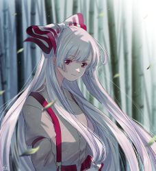 Rule 34 | 1girl, bamboo, bamboo forest, bow, closed mouth, collared shirt, commentary request, falling leaves, forest, fujiwara no mokou, grey shirt, hair bow, highres, juliet sleeves, leaf, long hair, long sleeves, looking at viewer, mokoiscat, nature, puffy sleeves, red bow, red eyes, shirt, signature, smile, solo, touhou, upper body, white bow, white hair