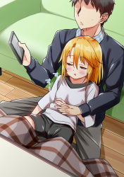 Rule 34 | 1boy, 1girl, black jacket, black shorts, blonde hair, blush, brown hair, cellphone, closed eyes, closed mouth, commentary request, couch, faceless, faceless male, grey pants, hair between eyes, highres, holding, holding hands, holding phone, idolmaster, idolmaster cinderella girls, indoors, jacket, kotatsu, long sleeves, mebachi maguro (trok mebachi), on floor, pants, parted lips, phone, plaid, producer (idolmaster), shirt, short shorts, shorts, sitting, sweat, table, white shirt, wooden floor, yuuki haru