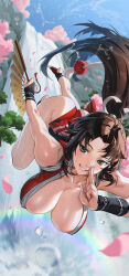 1girl absurdres bare_shoulders blue_sky breasts brown_eyes brown_hair cherry_blossoms cleavage collarbone dress fatal_fury folding_fan grin hand_fan high_ponytail highres large_breasts long_hair looking_at_viewer mhk_(mechamania) motoyui ninja obi parted_bangs petals ponytail red_dress sash shiranui_mai short_dress sidelocks sky smile solo tassel the_king_of_fighters tree water waterfall