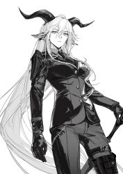 Rule 34 | 1girl, animal ears, arknights, boots, breasts, commentary, degenbrecher (arknights), formal, frown, gloves, goat ears, goat girl, goat horns, highres, holding, holding sword, holding weapon, horns, hug (yourhug), long hair, long sleeves, looking at viewer, medium breasts, monochrome, simple background, sketch, solo, suit, sword, thigh boots, very long hair, weapon, white background
