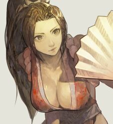 Rule 34 | 1girl, absurdres, breasts, brown eyes, brown hair, cleavage, collarbone, eyelashes, fatal fury, folding fan, hand fan, high ponytail, highres, japanese clothes, large breasts, lips, long hair, ninja, no bra, open clothes, parted bangs, ponytail, revealing clothes, shiranui mai, simple background, sleeveless, snk, solo, subakeye, the king of fighters, white background