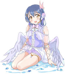 Rule 34 | 1girl, absurdres, angel wings, bare shoulders, blue hair, blush, butterfly hair ornament, commentary request, dress, feathered wings, flower, full body, hair between eyes, hair flower, hair ornament, hairclip, highres, long hair, looking at viewer, love live!, love live! school idol festival, love live! school idol project, microphone, open mouth, shorts, simple background, sitting, smile, solo, sonoda umi, tetopetesone, white background, wings, x hair ornament, yellow eyes, yokozuwari