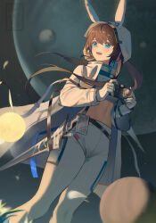 Rule 34 | 1girl, absurdres, amiya (arknights), amiya (guard) (arknights), amiya (guard) (touch the stars) (arknights), animal ears, animal hood, arknights, belt, black belt, blue collar, blue eyes, blue ribbon, breasts, brown hair, camera, coat, collar, dress, extra ears, gloves, highres, holding, holding camera, hood, hood up, hooded coat, hooded jacket, jacket, jewelry, kkkkled, long hair, long sleeves, medium breasts, midriff, navel, necklace, pants, planet, rabbit ears, rabbit girl, rabbit hood, rabbit ornament, ribbon, ring, scabbard, sheath, sheathed, shirt, small breasts, smile, solo, space, sword, thighs, weapon, white coat, white dress, white gloves, white jacket, white pants, white ribbon, white shirt
