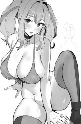 Rule 34 | :o, azur lane, between legs, bikini, bikini top only, blush, bottomless, breasts, bremerton (azur lane), choker, cleavage, collar, greyscale, hand between legs, highres, hotate-chan, large breasts, looking at viewer, mole, mole on breast, mole under eye, monochrome, multicolored hair, navel, navel piercing, no panties, open mouth, piercing, spread legs, swimsuit, thick thighs, thighhighs, thighs