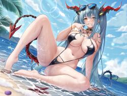 Rule 34 | 1girl, absurdres, azur lane, barefoot, black choker, black one-piece swimsuit, black slingshot swimsuit, blue hair, blush, breasts, chinese commentary, chitu hefeng zhong, choker, closed mouth, commentary request, eyewear on head, feet, full body, highres, horns, knee up, large breasts, legs, long hair, looking at viewer, nail polish, navel, official alternate costume, one-piece swimsuit, outdoors, plantar flexion, regensburg (azur lane), regensburg (dark dragon brilliant beach) (azur lane), sitting, slingshot swimsuit, smkle, solo, spiked choker, spikes, starfish, stomach, sunglasses, swimsuit, tail, thighs, toenail polish, toenails, toes, twintails, water, wet, yellow eyes