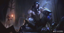 Rule 34 | 1boy, 1girl, abs, absurdres, beard, black hair, character request, dark, facial hair, fingerless gloves, frown, full body, gloves, highres, hyxifeng, league of legends, looking at viewer, lux (league of legends), male focus, mature male, muscular, muscular male, mustache, navel, night, nipples, pants, pectorals, short hair, sidelocks, stomach, sylas (league of legends), topless male