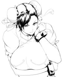 Rule 34 | 1girl, bracelet, breasts, bun cover, capcom, china dress, chinese clothes, chun-li, double bun, dress, greyscale, hakai shin, highres, jewelry, large breasts, monochrome, short hair, solo, spiked bracelet, spikes, street fighter